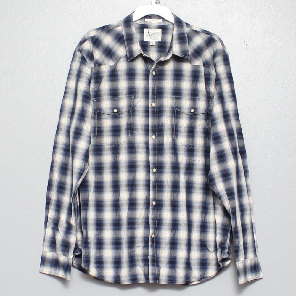Lucky Brand classic fit Pearl snap blue white plaid cotton button up